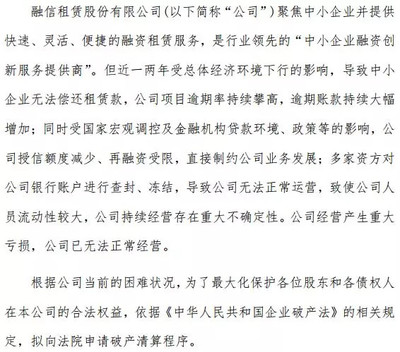 逾期租金飆至6.44億元后，融信租賃申請破產 時運不濟還是早有預謀？